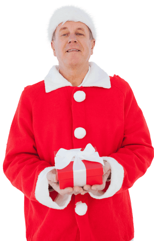 Festive Santa Claus Holding Present on Transparent Background