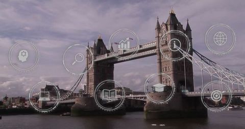 London tower bridge with digital tech and education icons overlay