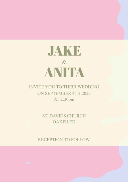 This pastel wedding invitation template features soft, delicate colors. Perfect for weddings, bridal showers, and other formal events. With a minimalist and elegant design, it is easily customizable and suitable for both digital and printable formats. Ideal for personalizing and adding a touch of sophistication to invitations.