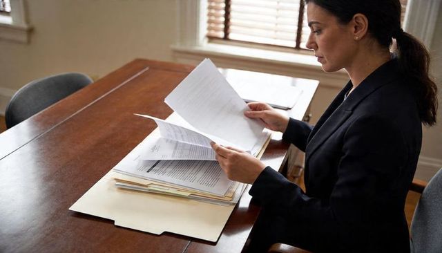 Businesswoman reviewing documents at wooden desk sorting file folder and corporate paperwork