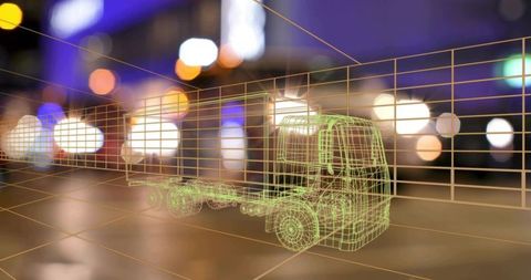 Neon-green wireframe tractor-trailer overlay on orange perspective grid urban night tech