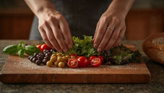 Hands preparing rustic mediterranean salad on wooden board with olives and cherry tomatoes