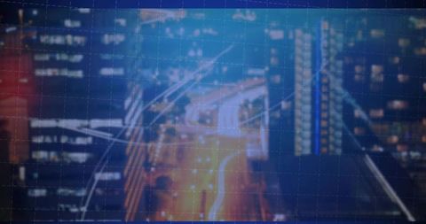 Futuristic downtown highway with digital code overlays at night