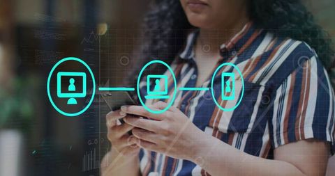 Woman using smartphone with holographic network interface in coffeehouse coworking scene