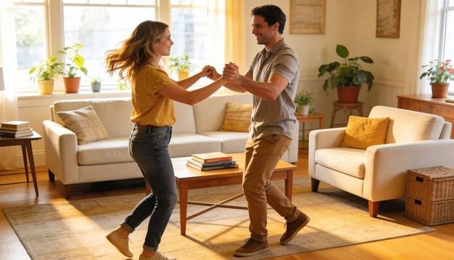 Dancing couple spinning in sunlit living room holding hands smiling cozy home romance