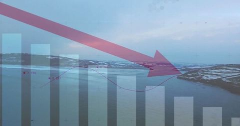 Snowy landscape overlay with financial bar chart and trend line