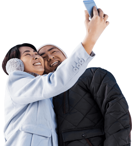 Smiling Couple Taking Winter Selfie Against Transparent Background