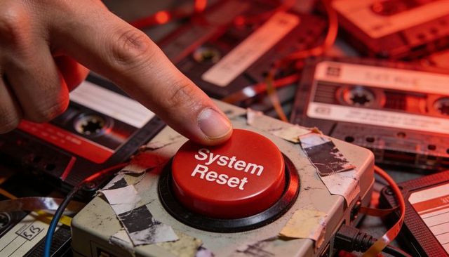Retro system reset button being pressed among tangled cassette tapes and wires