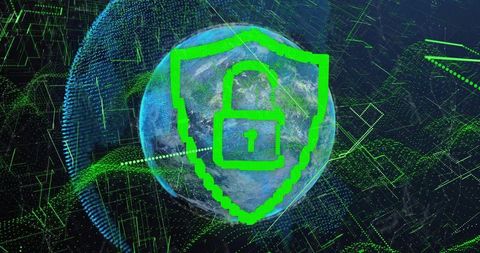 Digital Security Padlock on Globe with Futuristic Cyberspace