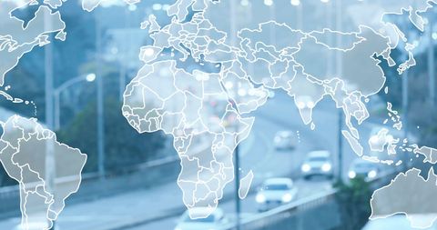 World Map Overlay with Cars Moving on Busy Highway