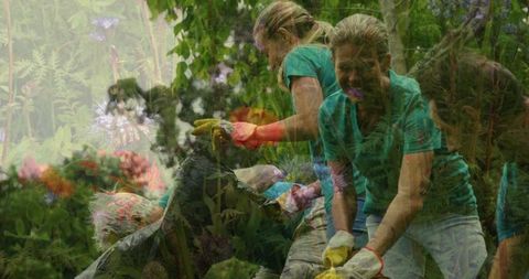 This creative image blends the themes of environmental responsibility with the beauty of nature, combining floral elements and community solidarity. Such an inspiring visual could be used to promote eco-friendly initiatives, community building projects, and environmental awareness campaigns. Businesses, non-profits, or journals focused on ecology and sustainable lifestyles can leverage this image for articles, social media, or presentations about safeguarding nature while enhancing community bonds.