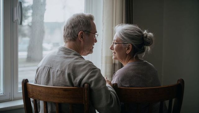 Senior couple holding hands by window sharing tender conversation in soft natural light