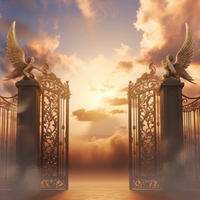 Golden gates crowned with angel statues under a dramatic twilight sky. Light rays filter through the clouds, creating a serene and majestic atmosphere. Perfect for themes of spirituality, divine inspiration, religious content, and concepts of the afterlife or paradise.