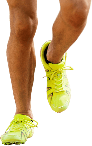 Athletic runner in neon shoes on transparent background