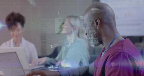 Diverse Team of Doctors Analyzing Data with Digital Overlay