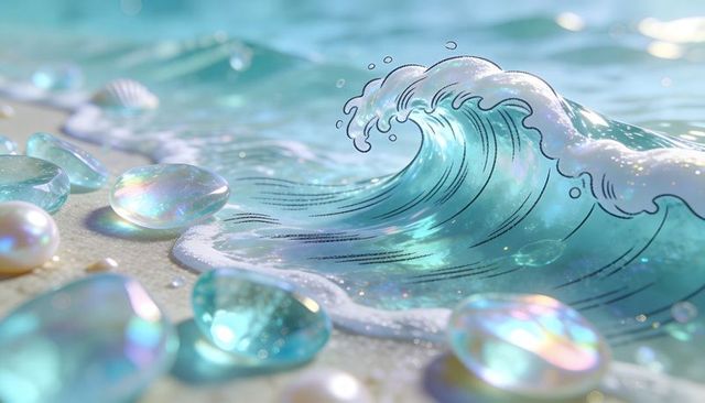 Shimmering iridescent teal wave with ink lineart curl, glass pebbles and pearls on sandy shore