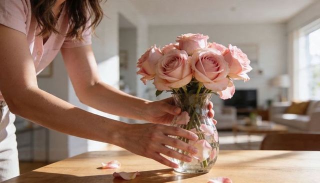 Woman arranging pale pink roses in glass vase on wooden table with sunlit living room