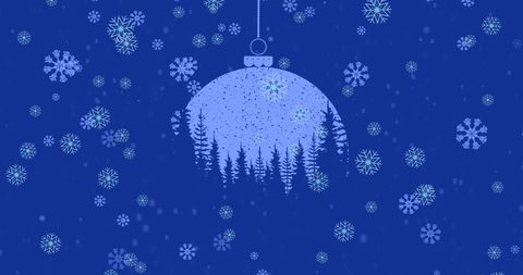 Snowy bauble with winter landscape on dark blue background