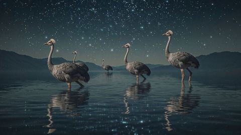 Long-necked emu birds wading under starry night sky