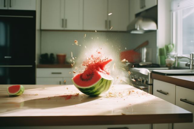 Dramatic shot of a watermelon exploding on a modern kitchen counter. Ideal for websites or publications centered around cooking, food, kitchen mishaps, energetic actions, and vibrant visuals. Great for use in blogs, advertisements, and magazine spreads to depict excitement and chaos in everyday environments.