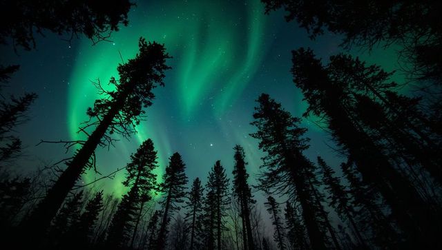 Green aurora borealis arching above towering pine silhouettes under starry night