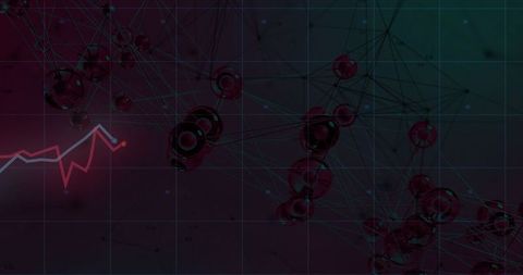 Neon Data Network Connecting Glossy Spheres with Line Chart Trend and Grid Overlay