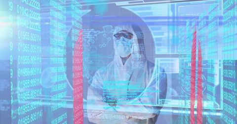 Scientist Monitoring Holographic Data with Futuristic Technology