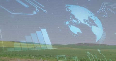 Smart agriculture concept merging digital globe and data overlays with rolling farmland
