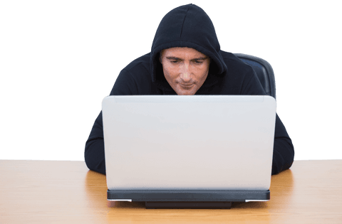 hacker in hooded jacket using laptop and card on transparent background - Download Free Stock Videos Pikwizard.com