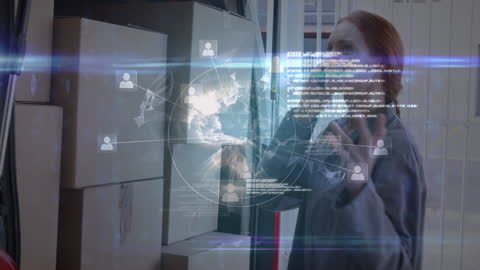 Futuristic Data Interface Over Caucasian Female Courier Working