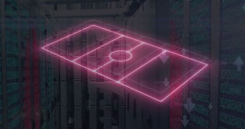 Glowing holographic soccer field in data center