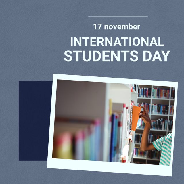 This image features a boy's hand reaching for a book on a library shelf, symbolizing the pursuit of knowledge and the importance of education. It is perfect for promoting International Students Day, educational materials, library events, and student-focused campaigns. It highlights themes of exploring, reading, and learning.