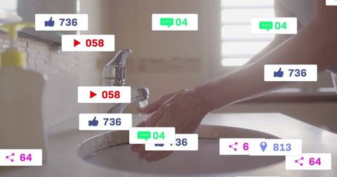 Hands washing at bathroom sink with social media icons overlay