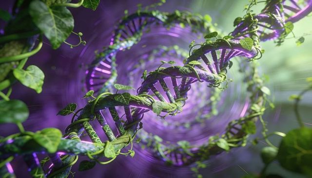 Spiraling bioluminescent dna helix entwining with green vines and heart-shaped leaves