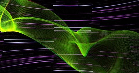 Neon green mesh wave with purple motion streaks, futuristic digital flow