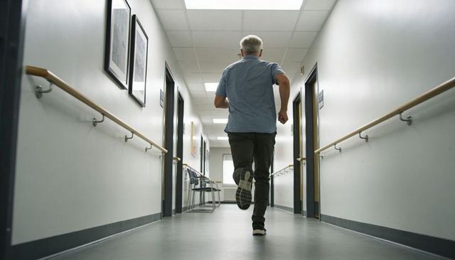 Senior man running down hospital corridor passing handrails during rehabilitation exercise