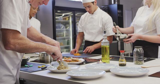 Picture depicting professional chefs working together in a modern kitchen, carefully preparing and plating gourmet dishes. Ideal for use in content related to culinary training, restaurant advertisements, gourmet cooking, and teamwork in professional kitchens.
