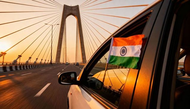 Driving car flying indian flag across cable-stayed bridge at golden sunset