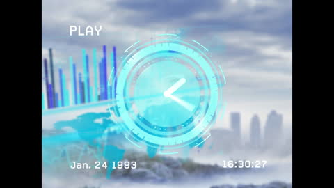 Digital Clock Animation and Data Overlay in Cityscape