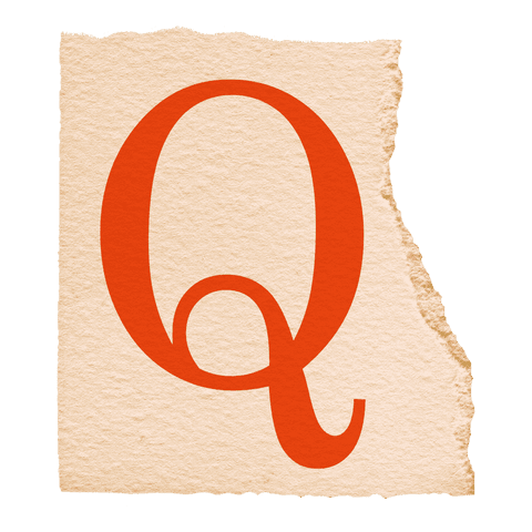 Bold Orange Serif Q on Torn Paper Transparent Background