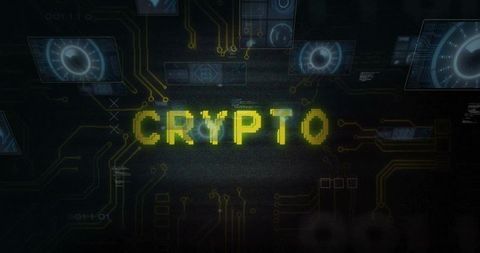 Glitching Pixelated CRYPTO Text Pulsing Over Gold Circuitry and Blue HUD Interface