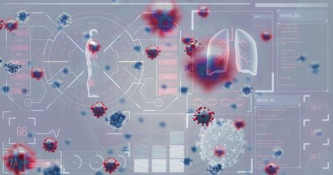 Digital composite of macro covid-19 cells with human anatomy icons