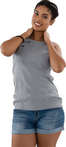 Smiling Woman in Grey Top and Denim Shorts on Transparent Background