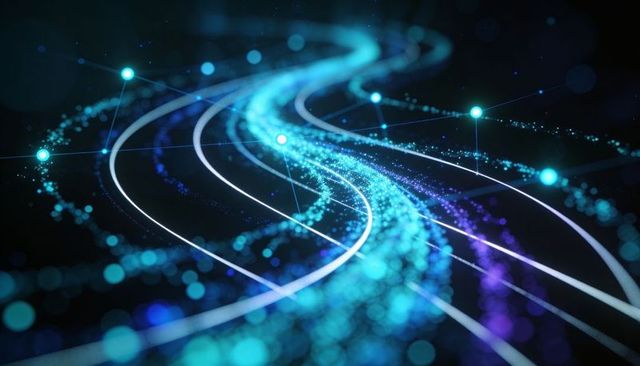 Streaming cyan data ribbons curving through pulsing neon nodes representing network flow