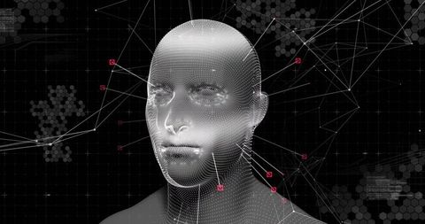 Futuristic 3D Wireframe Head in Digital Interface