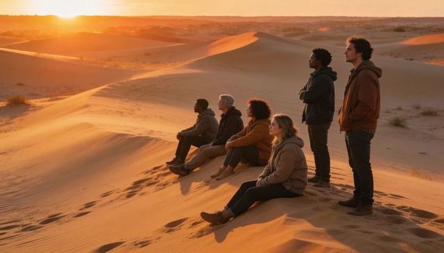 Diverse group of friends watching golden desert sunset from sand dune at dusk, outdoor adventure