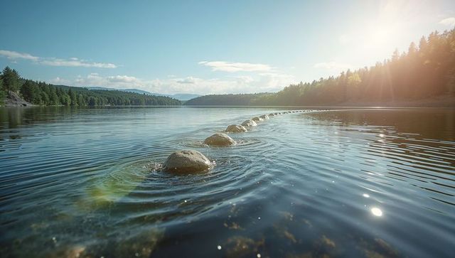 Curved Boulders Crossing Tranquil Lake Under Clear Blue Sky