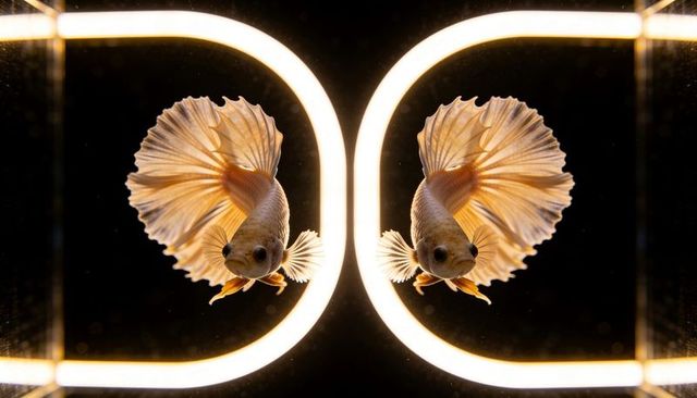Mirrored gold betta fish swimming with backlit led rings showing ruffled translucent fins