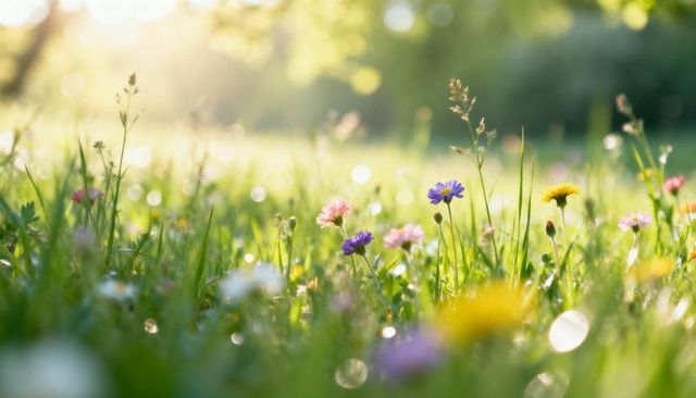 Wildflowers glowing and catching golden backlight in dew-kissed meadow, soft bokeh