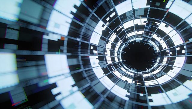 Spiraling Digital Tunnel Drawing Viewer into Futuristic Data Portal with Concentric Ring Segments
